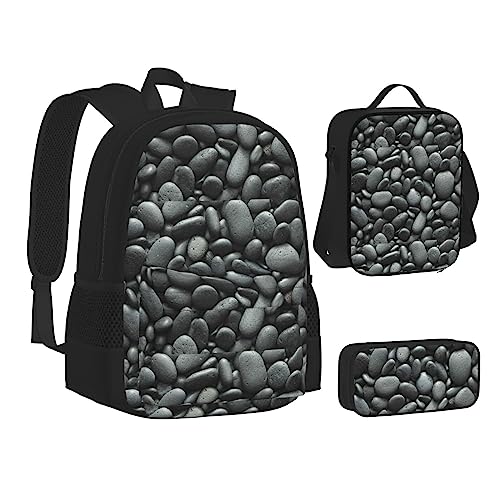 WURTON Büchertasche mit zwei Flamingo-Muster, Lunch-Tasche, Federmäppchen, 3-in-1, Schulrucksack-Set, Kinder-Rucksack, Viele schwarze Kieselsteine, Einheitsgröße