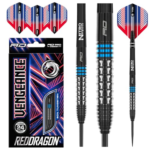 RED DRAGON Vengeance Blue 24 Gramm Premium Wolfram Steeltip Dart Set mit Flights und Schäften