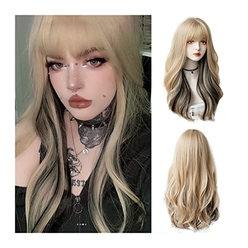 Perücken für Frauen Synthetische lange gewellte lockige Haarperücken mit Pony, blonde Highlights, schwarze Lolita-Cosplay-Party-Perücken, natürliche lockige, hitzebeständige Perücken for Frauen und Mä