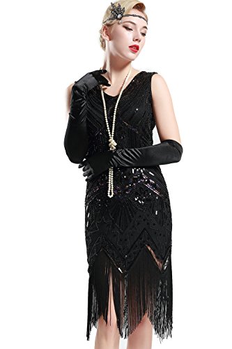 Babeyond Damen Flapper Kleider voller Pailletten Retro 1920er Jahre Stil V-Ausschnitt Great Gatsby Motto Party Damen Kostüm Kleid (Größe L / UK 16 / EU 44, glamourös Schwarz)