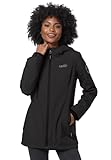 MARIKOO Übergangsjacke Damen (XS-XXL) - Atmungsaktiv, Innen Samtweicher Stoff, Kapuze, Winddicht - leichte Jacke lang - Stehkragen, 3 Taschen, verlängerter Zipper - Schwarz L