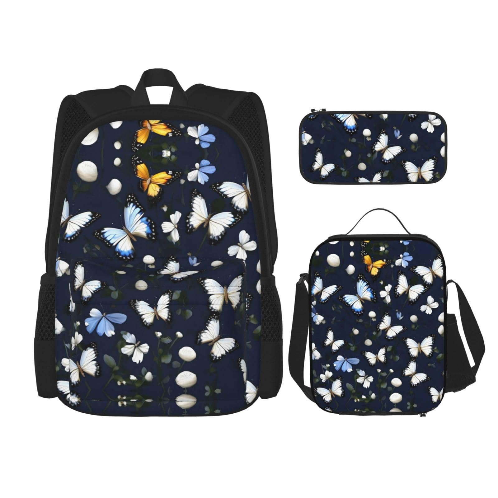 YQxwJL 3-in-1-Rucksack-Büchertaschen-Set, niedlicher Goldfisch-Druck, lässiger Reiserucksack, mit Federmäppchen, Lunchtasche, Weiße Blüten mit blauen Schmetterlingen, Einheitsgröße