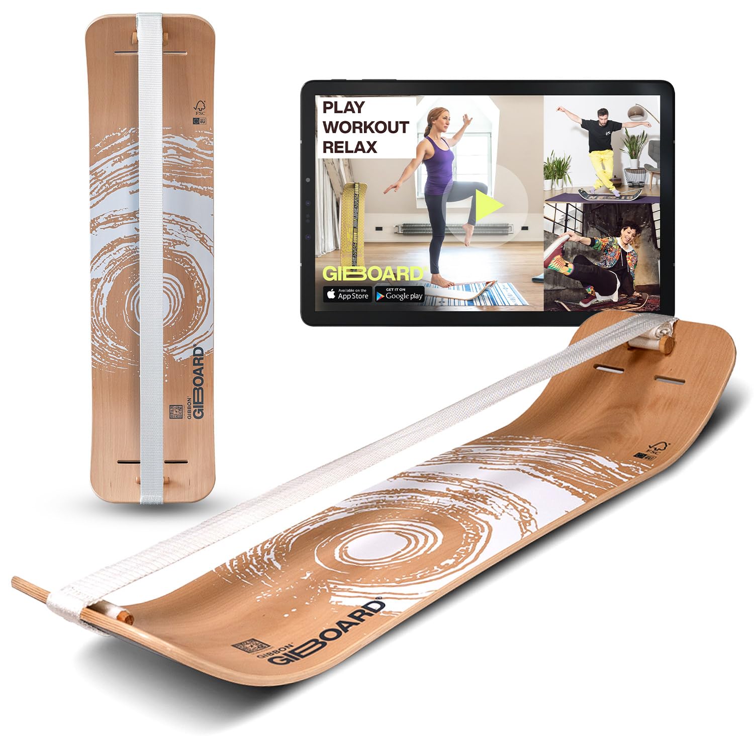 GIBBON Giboard-Set - Active White | Innovatives Balance Board | Gleichgewichtstrainer | Interaktives Training mit App | Für zu Hause & unterwegs | Ideal für Tricks & Workouts | Inkl. Slackline