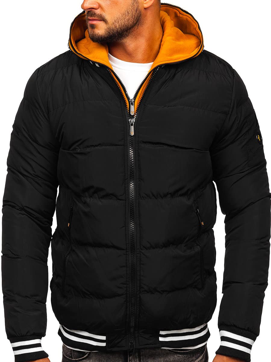 BOLF Herren Winterjacke Steppjacke mit Kapuze Daunenjacke Reißverschluss Sportjacke Zip Wärme Freizeit Outdoor Basic Casual Style 6900 Schwarz XXL [4D4]