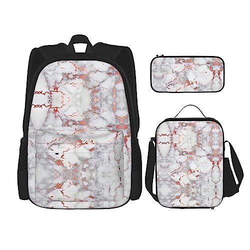 WURTON 3-in-1 Büchertaschen-Set, weißer Marmor, Rotgold, verstellbarer Schulter-Rucksack, Lunch-Tasche, Federmäppchen, Beutel, Schwarz, Einheitsgröße