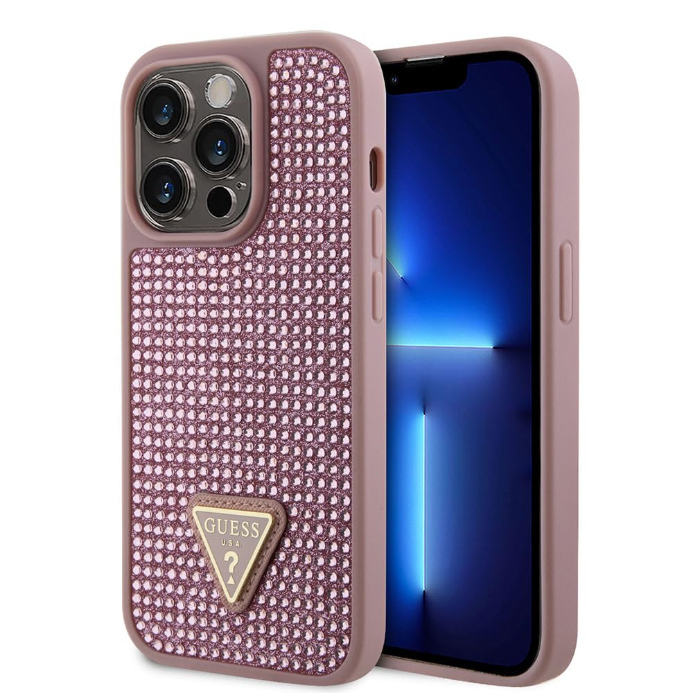 CG MOBILE Guess für iPhone 15 Pro Hülle, Strass Case mit Dreiecks-Logo, Kratzfest, sturzfest, stoßfest, Full Slim Bumper Schutz Back Cover für iPhone 15 Pro 6.1 Zoll - Rosa