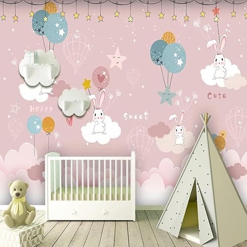 XLMING Cartoon Kaninchen Sternenhimmel Heißluftballon Rosa Mädchen Kinder Küche Esszimmer Arbeitszimmer Wohnzimmer TV Hintergrund Wand 3D Tapete-150cm×105cm