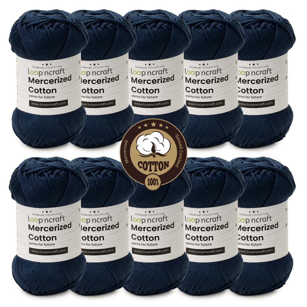 Mercerized Cotton 10er-Set, Marineblau, Loopncraft, 10 X 50g, Amigurumi Garn, Premium, 100% merzerisierte, gekämmte und gasierte Baumwolle