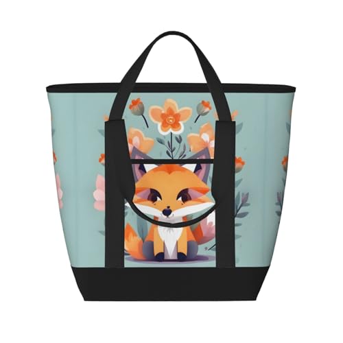 YQxwJL Isolierte Kühltasche mit süßem Tiermotiv und Fuchs-Blumendruck, großes Fassungsvermögen, Einkaufstasche, Reisetasche, Strand, wiederverwendbare Einkaufstasche für Erwachsene, Schwarz,