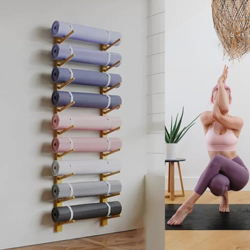 LESBJFDM Wandhalterung für Yogamatten aus Holz – Wandhalterung für Yogamatten mit 6/9 Ebenen – Halterung für Heim-Fitnessstudio-Zubehör – Yogamattenständer