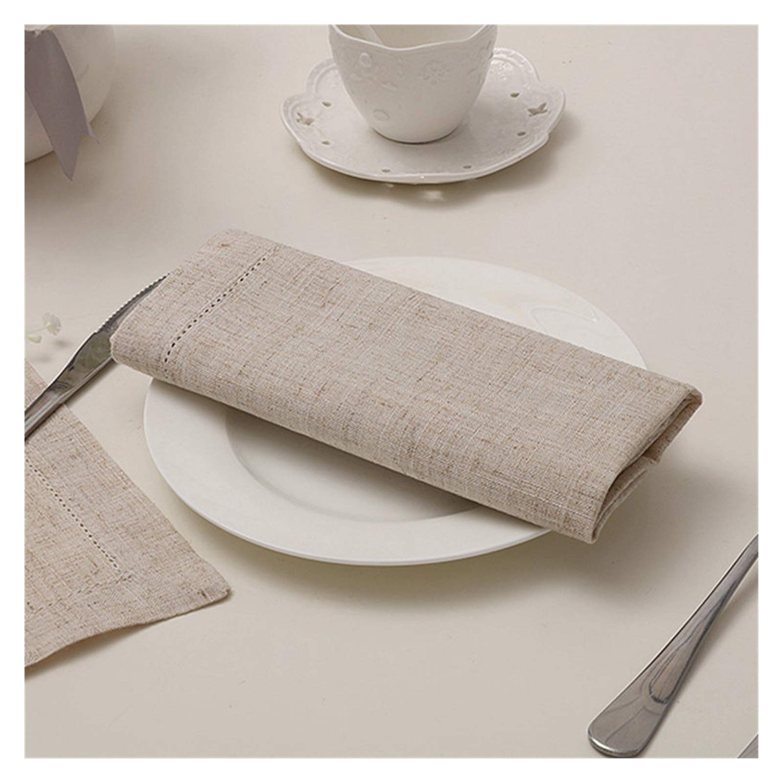 Wiederverwendbare Stoffservietten, Hemntitched Cotton Servietten Weiße Tisch Serviette Schöne Leinenstoff Serviette(Linen 6PCS (50X50CM))