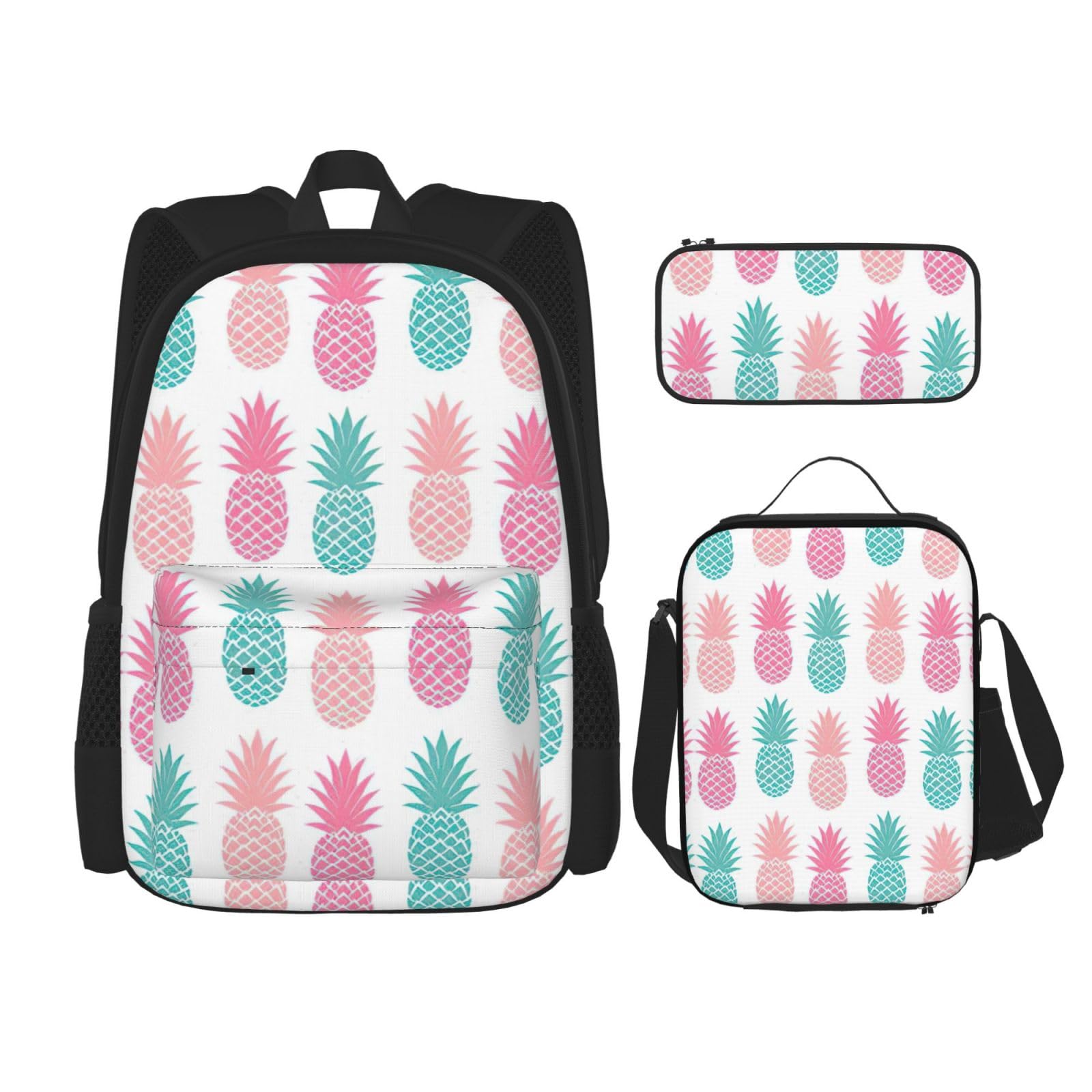 WURTON Summer Pineapple Print Shoulder Backpack 3 In 1 Bookbag Set Lunch Box Pencil Case Travel Laptop Daypacks, Schwarz, Einheitsgröße