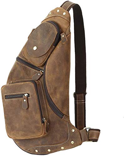 Leathario Brusttasche Herren Leder Crossbag Wasserdicht Sling Rucksack Sling Bag Echtleder Schulterrucksack Schulltlertasche Crossbody Bag Tragtasche für Arbeit Schule Radfahren Reise