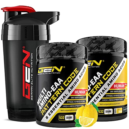 2x EAA Pulver Candy Lemon + Premium Shaker - Human Code Formel - Alle 8 essentielle Aminosäuren - Amino Workout Drink - Leckerer Geschmack - Vegan (2x - 532 g)