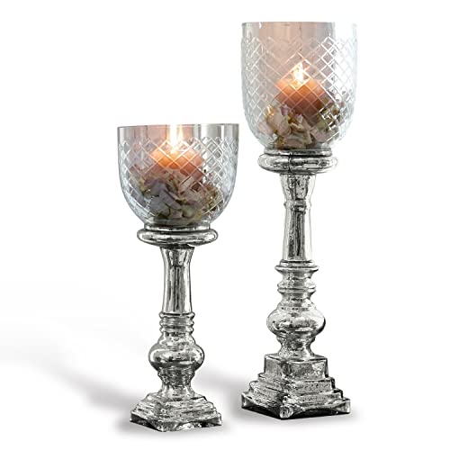 LOBERON Windlicht 2er Set Layci, majestätische Wirkung, feiner Rautenschliff, Antik-Finish, Kerzenhalter, für Teelichter oder Stumpenkerzen, Glas, Silber/klar