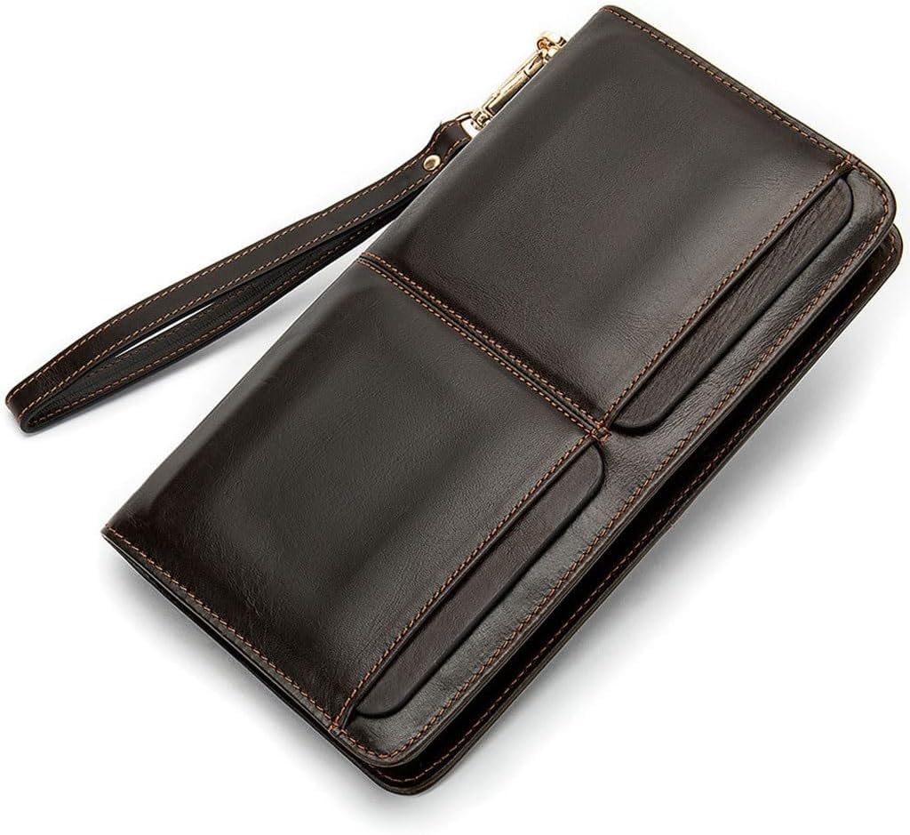 VSULZVNU Business Dual Pocket Herren Portemonnaie Lange Geldbörse mit mehreren Kartenfächern Echtleder Herren Handtasche Clutch, D, 22*3*13cm