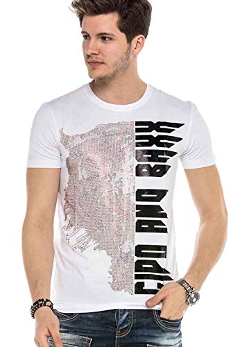 Cipo & Baxx Herren Rundhals T-Shirt Tiger-Print Pailletten Freizeit Shirt CT552 Weiß S