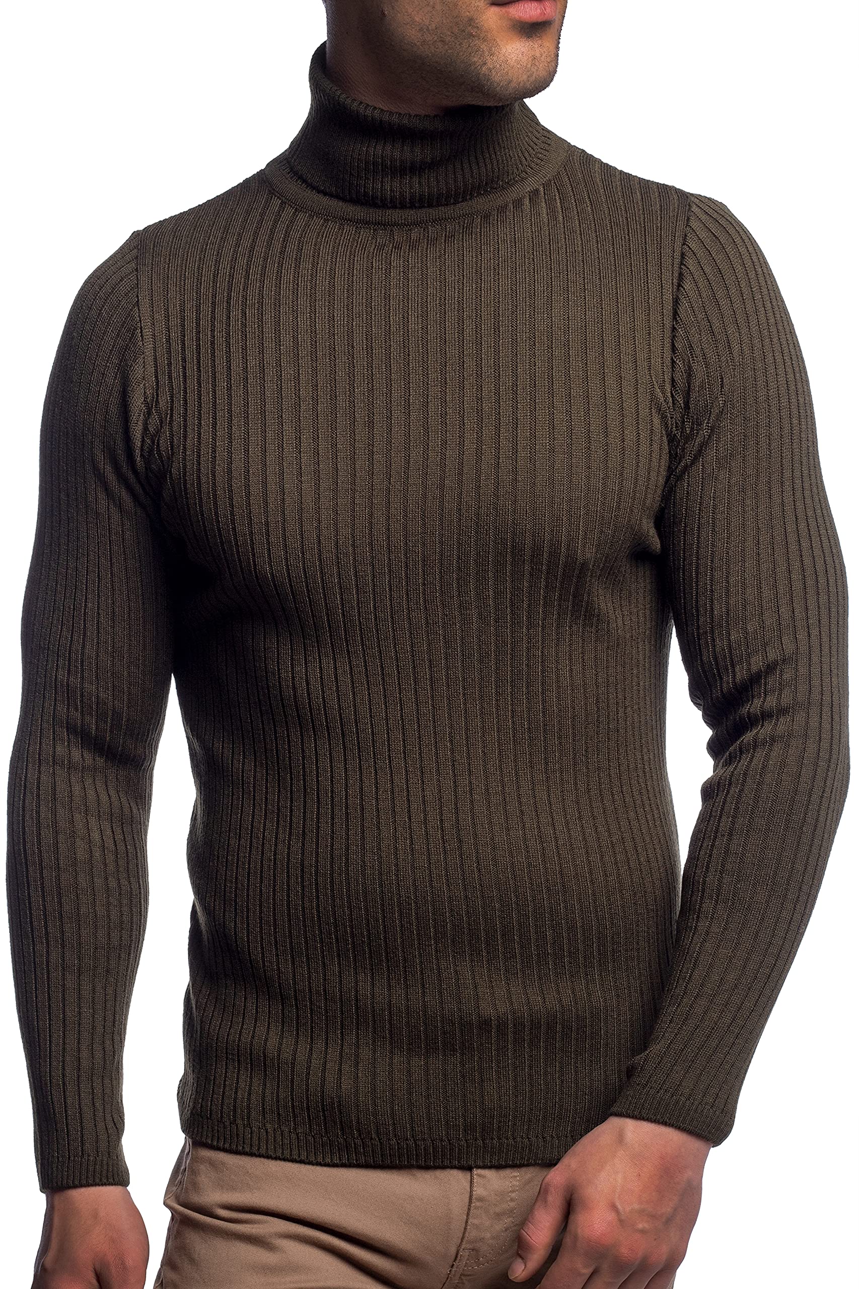 Karl´s People Herren Rollkragen-Pullover Herren Rolli S-5 XL • Rollkragenpullover für Herren mit Streifenmuster • Angenehmer Pullover Herren Langarm (M, Khaki)