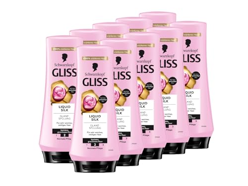 Gliss Spülung Liquid Silk (10x200 ml), Haarspülung mit Ceramide & Seide pflegt sprödes und glanzloses Haar intensiv, Pflegespülung für Haare wie Seide