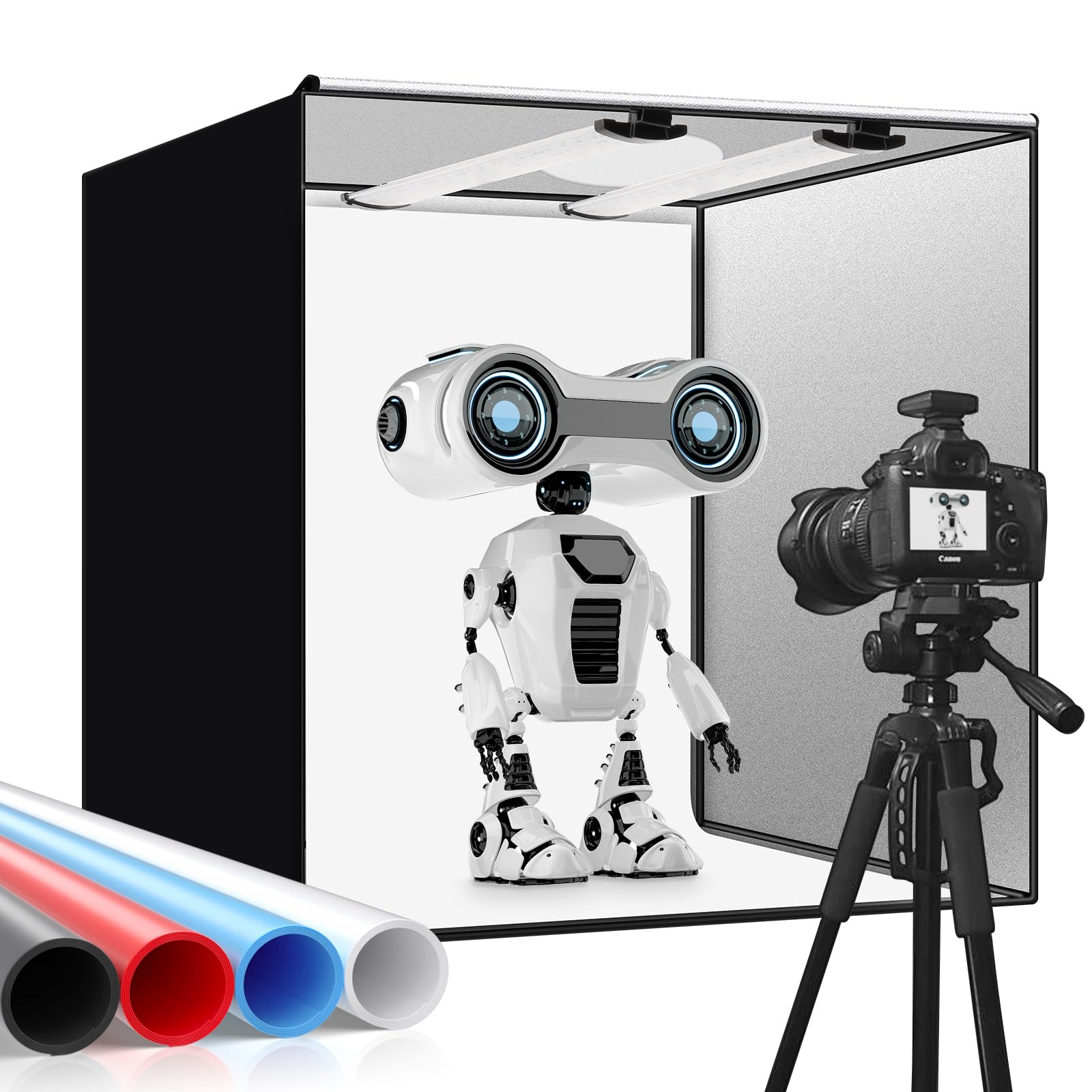 Photobox Fotostudio, 40x40x40 cm Tragbares faltbares Fotolichtbox Lichtzelt mit 2 LED Beleuchtung 48W Hoher CRI95 +,4 Hintergründe 1 Farbfilter Lichtwürfel für die Produktfotografie Fotostudio Set