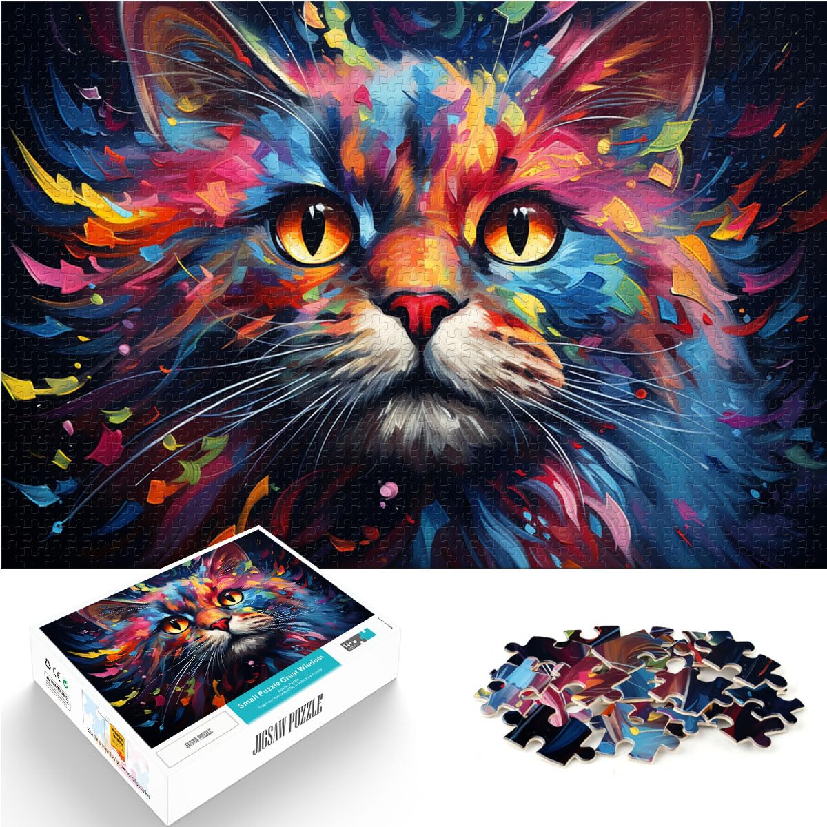 Puzzle für farbenfrohe psychedelische Katzenkunst, 1000-teiliges Holzpuzzle, das schwierig zu vervollständigen, Aber unterhaltsam und humorvoll ist, 1000 Teile (50 x 75 cm)