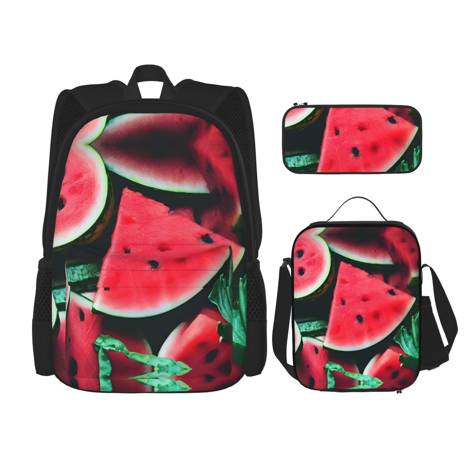 WURTON Lunchbox, Federmäppchen, Rucksack-Set, 3-teilig, verstellbare Riemen, langlebig, leicht, mit Wassermelonen-Druck, Rot, Schwarz, One Size