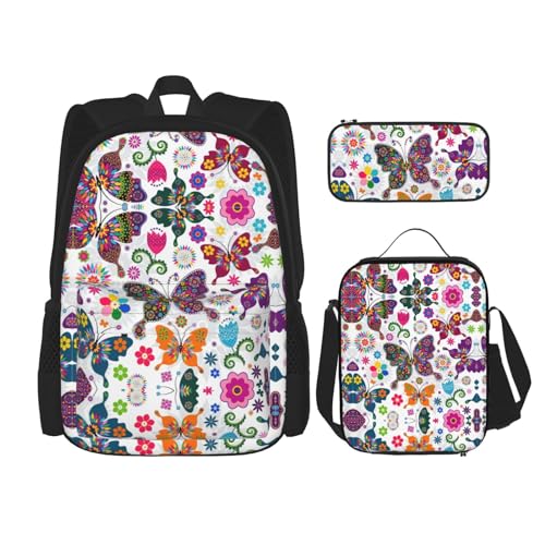 WURTON 3-in-1-Set mit Frühlingsblumen-Schmetterlings-Druck, lässig, verstellbar, Schulter-Rucksack, Lunch-Tasche, Federmäppchen, Beutel, Schwarz, Einheitsgröße