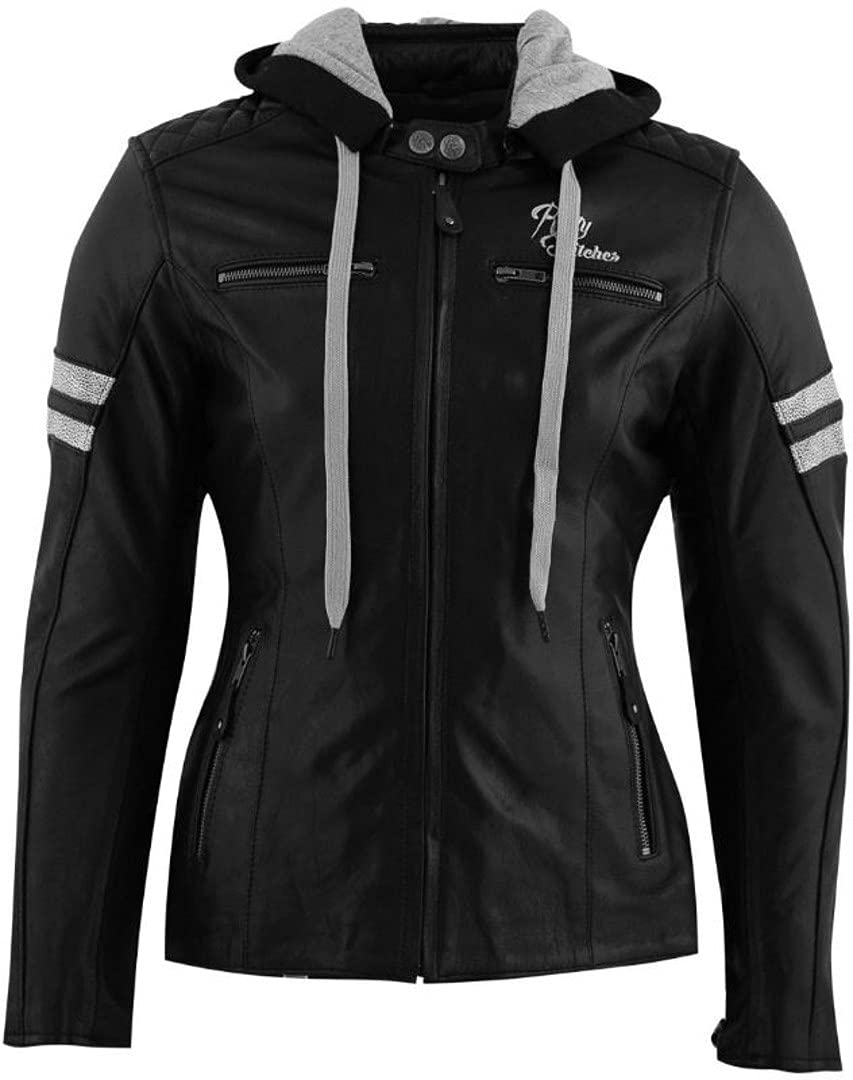 Rusty Stitches Super Joyce Hooded Damen Motorrad Lederjacke (Black/White,50)