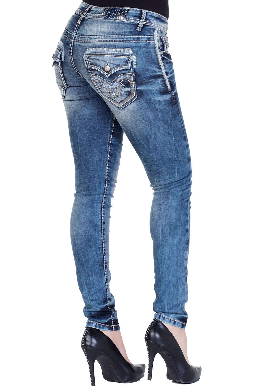 Cipo & Baxx Damen Jeanshose Slim Fit 5-Pocket Denim Used Jeans Pants Skinny WD240 Blau W26 L34