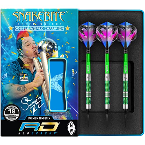 RED DRAGON Peter Wright Snakebite Mamba Soft-Tip - 18g - 90% Tungsten Steel Dartpfeile mit Snakebite Flights, Schäfte & RED DRAGON Checkout Card