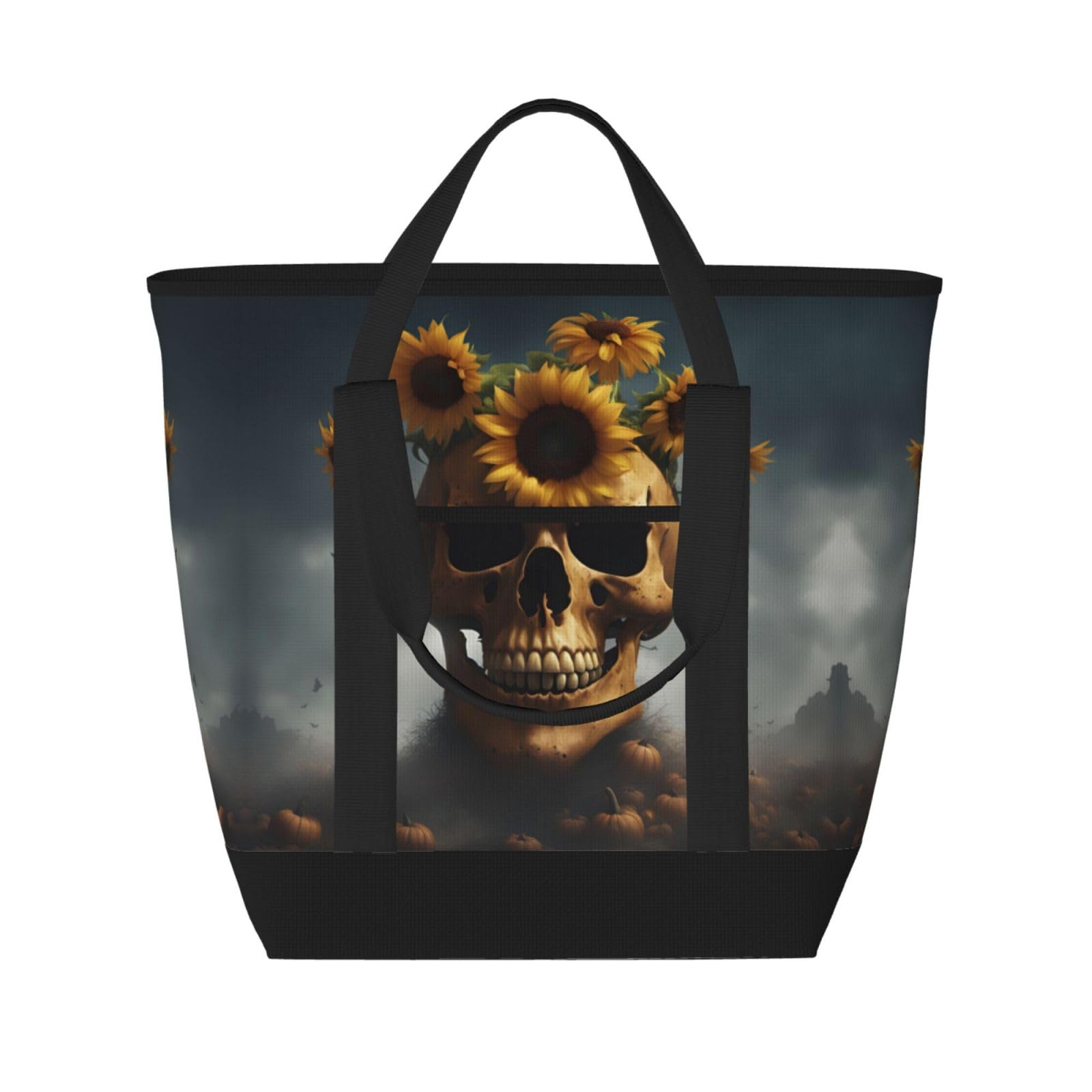 YQxwJL Isolierte Kühltasche mit Sonnenblumen-Motiv und Halloween-Totenkopf-Aufdruck, große Kapazität, Einkaufstasche, Reisetasche, Strand, wiederverwendbare Einkaufstasche für Erwachsene, Schwarz,