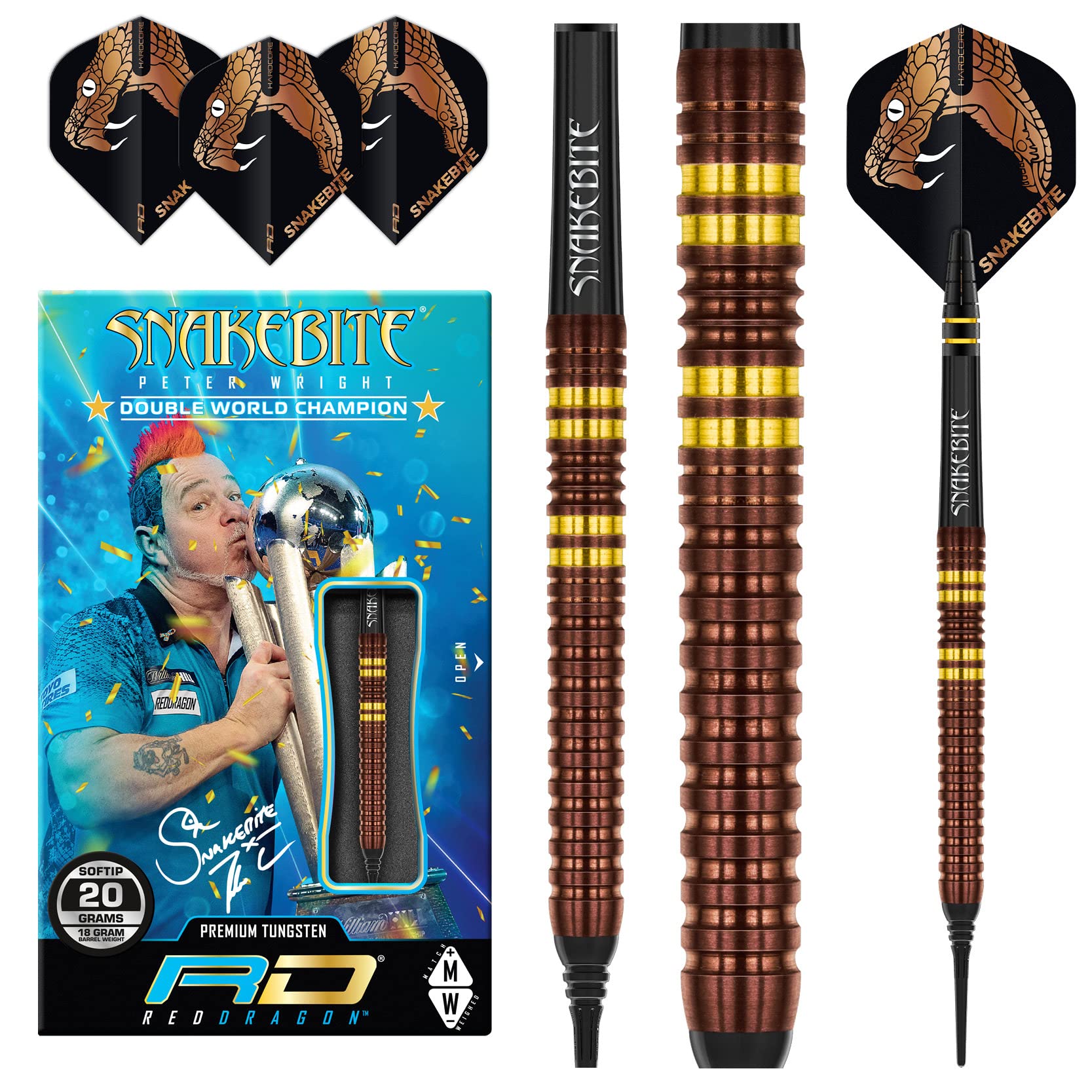 RED DRAGON Peter Snakebite Wright Copper Fusion 18 Gramm Softip Premium Wolfram Darts Set mit Flüge und Stielen