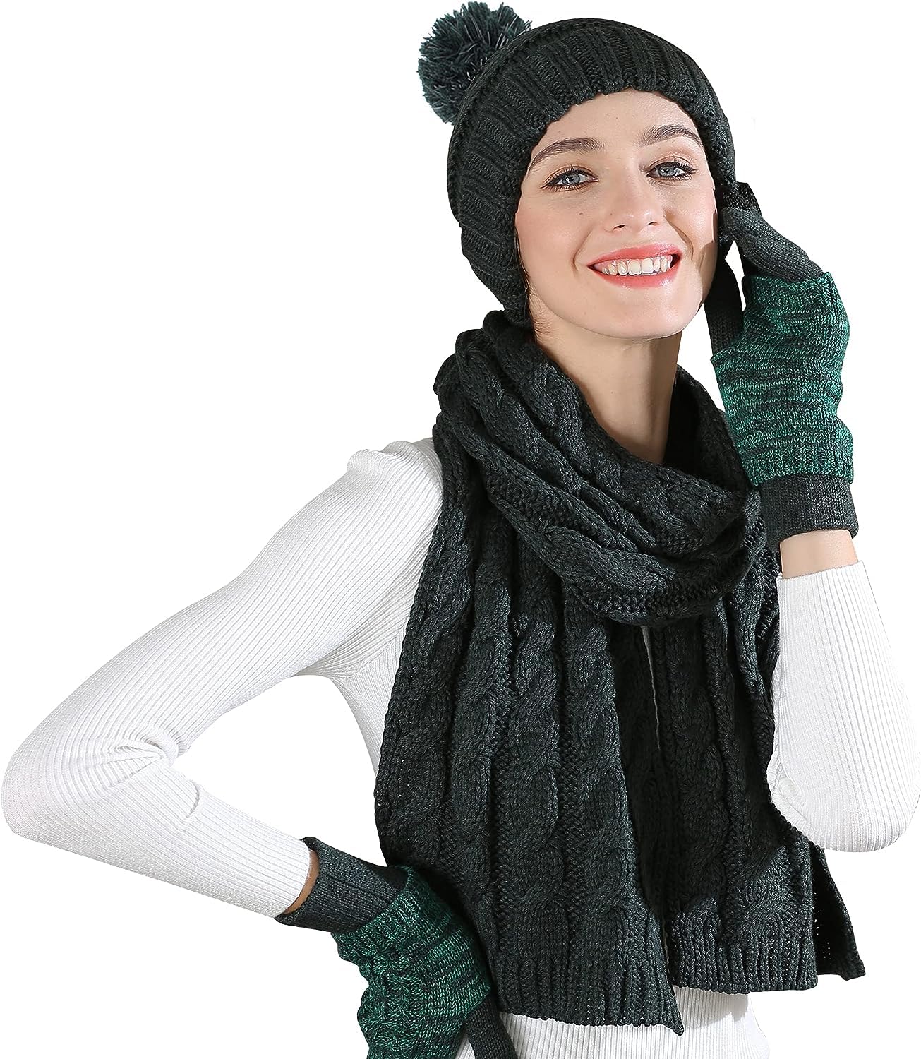 OROOTL Mütze, Schal & Handschuh Sets für Damen Winter, Touchscreen-Handschuhe Bommelmütze Handschuh Gestrickt Beanie Schnee Hut Warme Winterset 3 IN 1 für Mädchen, Frauen