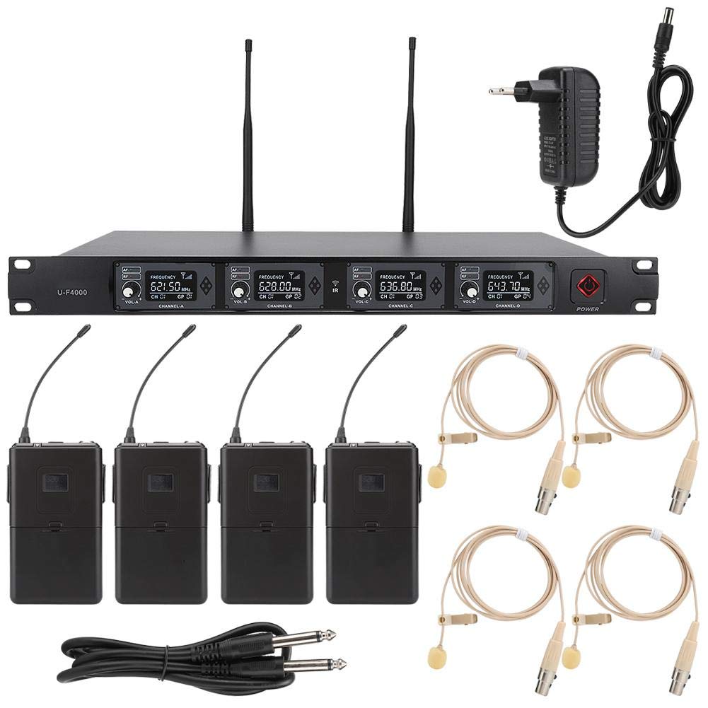 Garsent Drahtloses Mikrofon,UHF 642.2~660.8MHz 4 Channel Wireless System Lavalier Funkmikrofon Kit mit 1 Sendern und 4 Empfänger für Bühne, Aufnahmestudio, Musiker