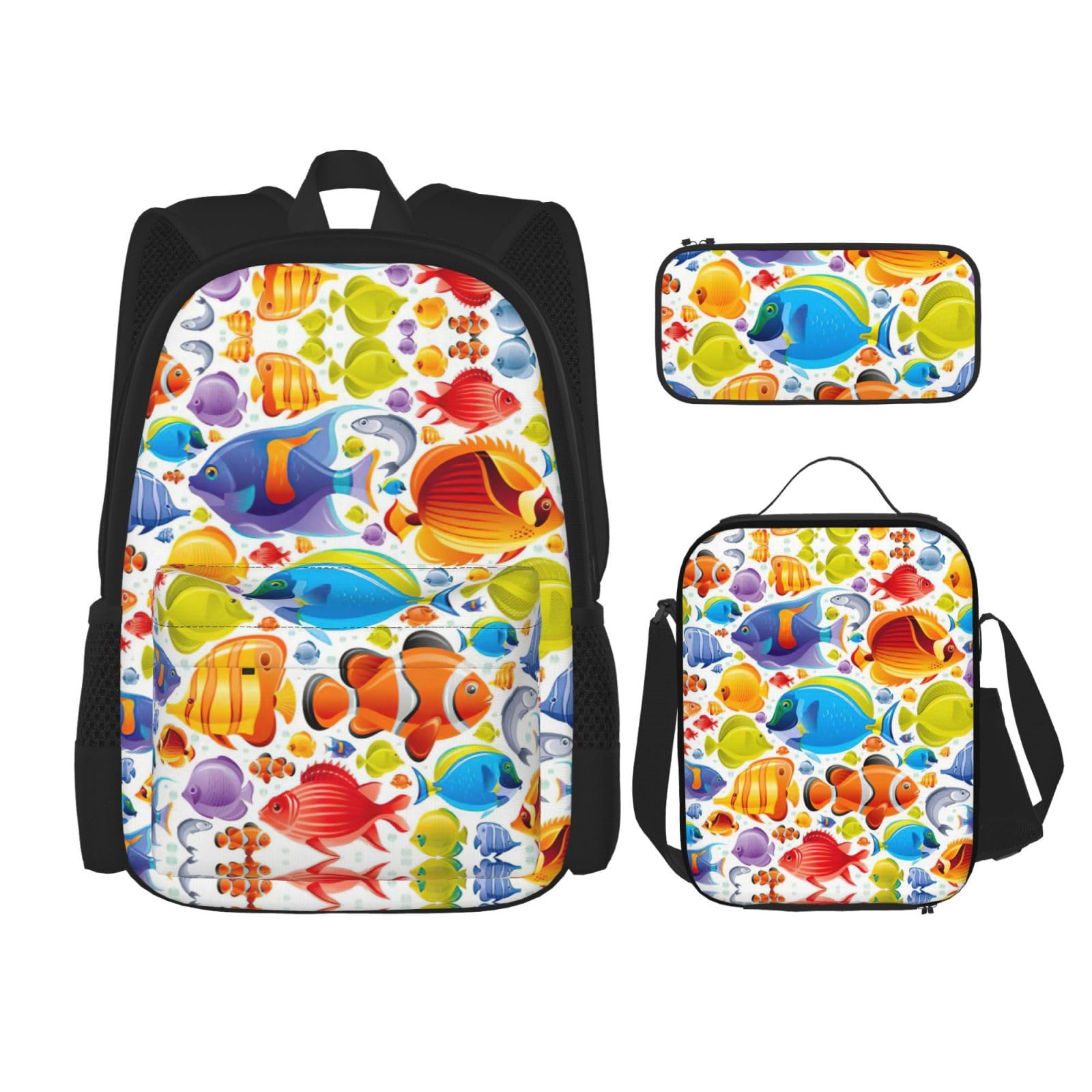 WURTON Rucksack mit Cartoon-Fisch-Druck, Schultasche mit Lunchtasche, Federmäppchen, Kombination, Schultaschen-Set