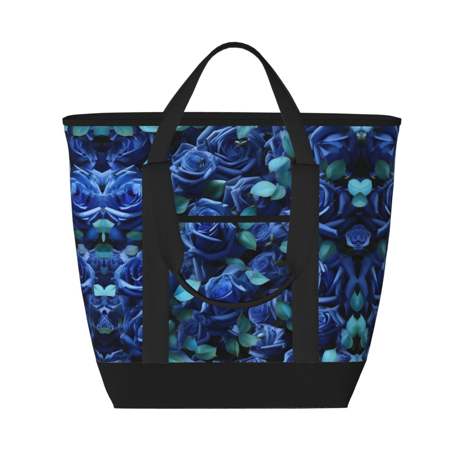 YQxwJL Isolierte Kühltasche mit vielen blauen Rosen, großes Fassungsvermögen, Einkaufstasche, Reisetasche, Strand, wiederverwendbare Einkaufstasche für Erwachsene, Schwarz, Einheitsgröße