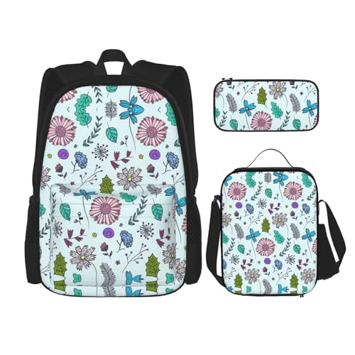 WURTON Farbige Gekritzel Blumen Drucken Schule Rucksack 3 In 1 Büchertasche Set Mit Lunch Box Bleistift Fall Reise Laptop Daypacks