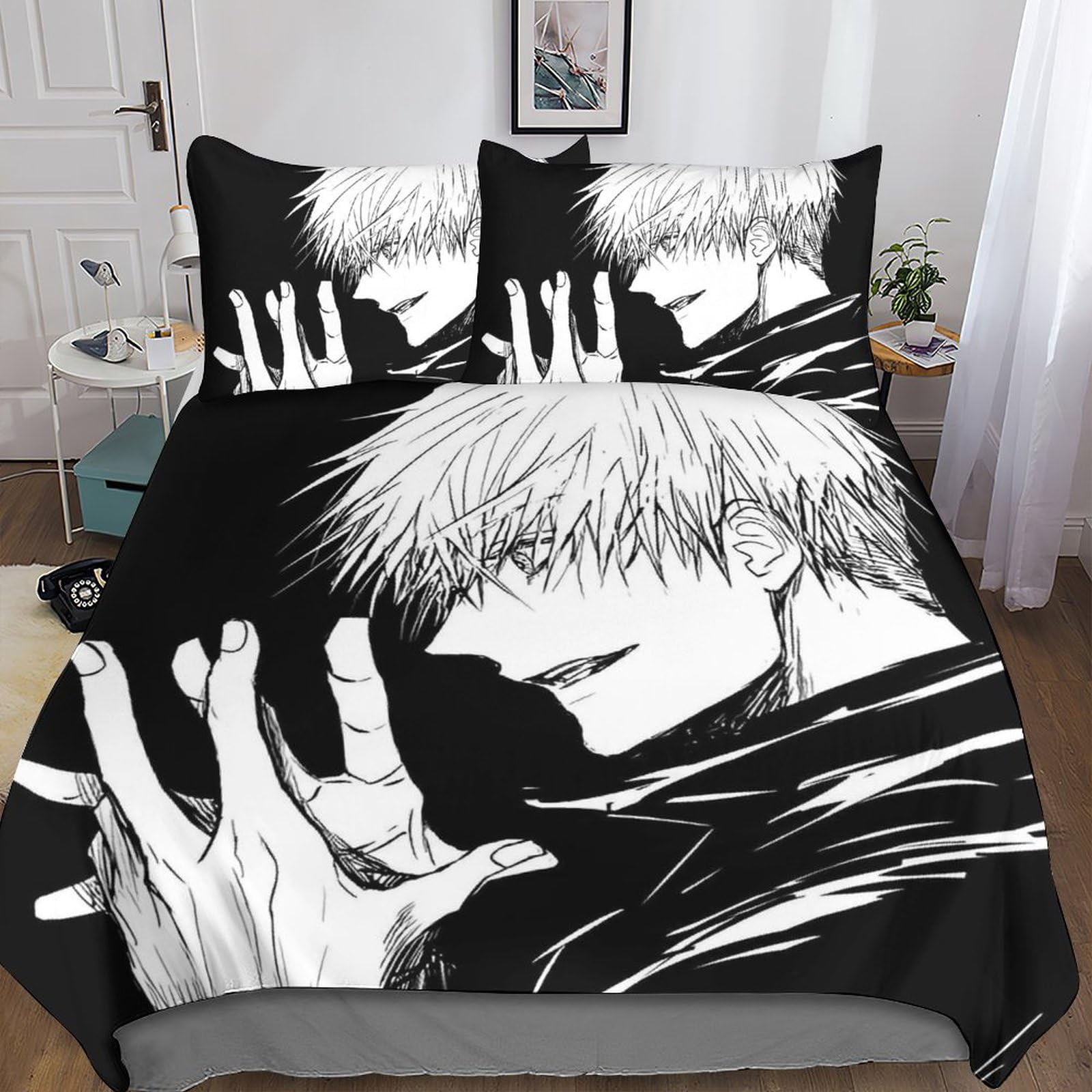 UKALOU Jujutsu Kaisen Gojo Satoru 3D Bettwäsche Set Drucken Betten Set Jugendliche Bettbezug Mit Mikrofaser Reißverschluss Schließung Kopfkissenbezug Weich Haltbar Atmungsaktive Double（200x200cm）