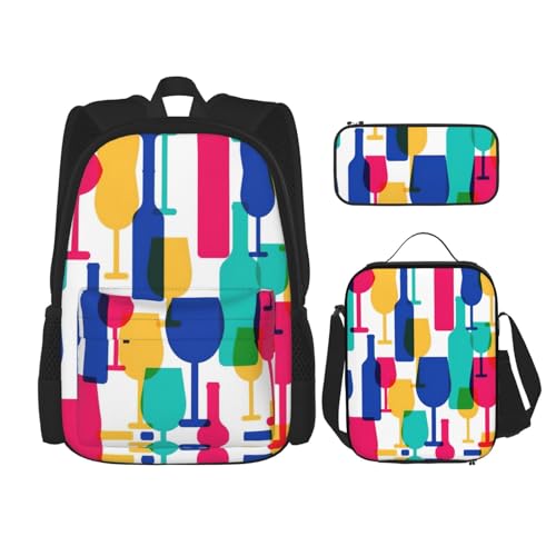 WURTON Schulrucksack-Set mit Cocktailgläsern und Weinflaschen, 3-in-1, Büchertaschen-Set mit Lunchbox, Federmäppchen, Reise-Laptop-Tagesrucksäcke