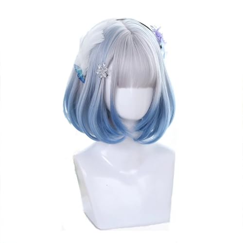 Cosplay Anime Synthetik Perücke, Gemischte blaue Perücken mit Pony, kurze Hara-Cosplay-Perücke, rosa Perücke, hitzebeständig, Kunsthaar, Party(Blue)