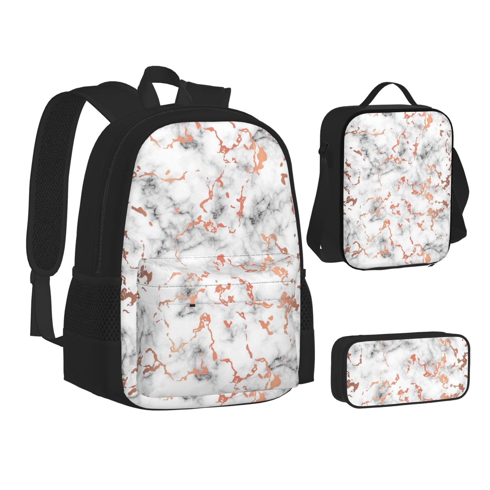 WURTON Teen-Rucksack mit Marmor-Textur, Kupferspritzer-Druck, 3-in-1 (Federmäppchen + Schultasche + Lunchtasche)