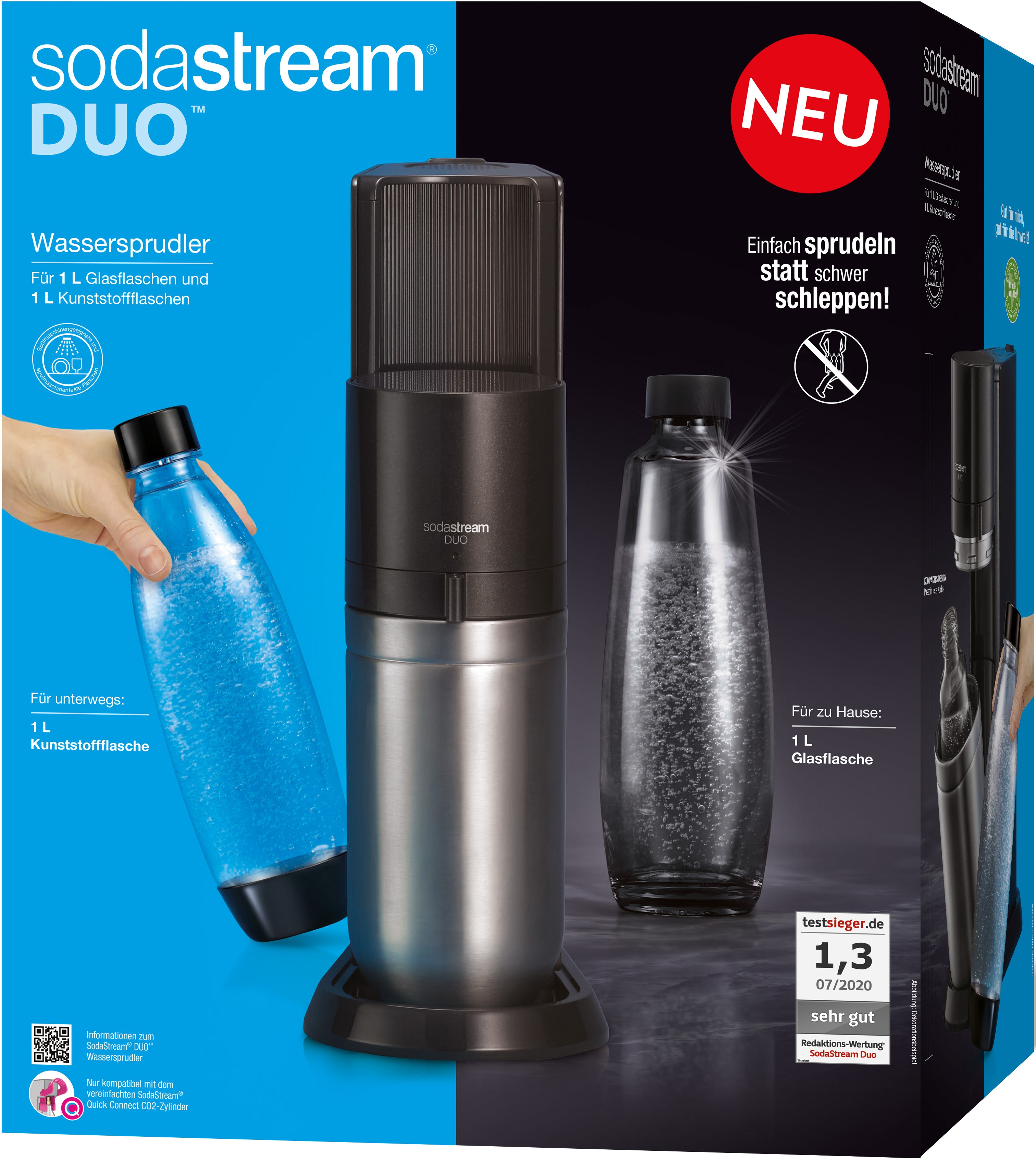 SodaStream Wassersprudler "DUO", (Set, 4 tlg.), CO2-Zylinder, 1L Glasflasche, 1L spülmaschinenfeste Kunststoff-Flasche 3