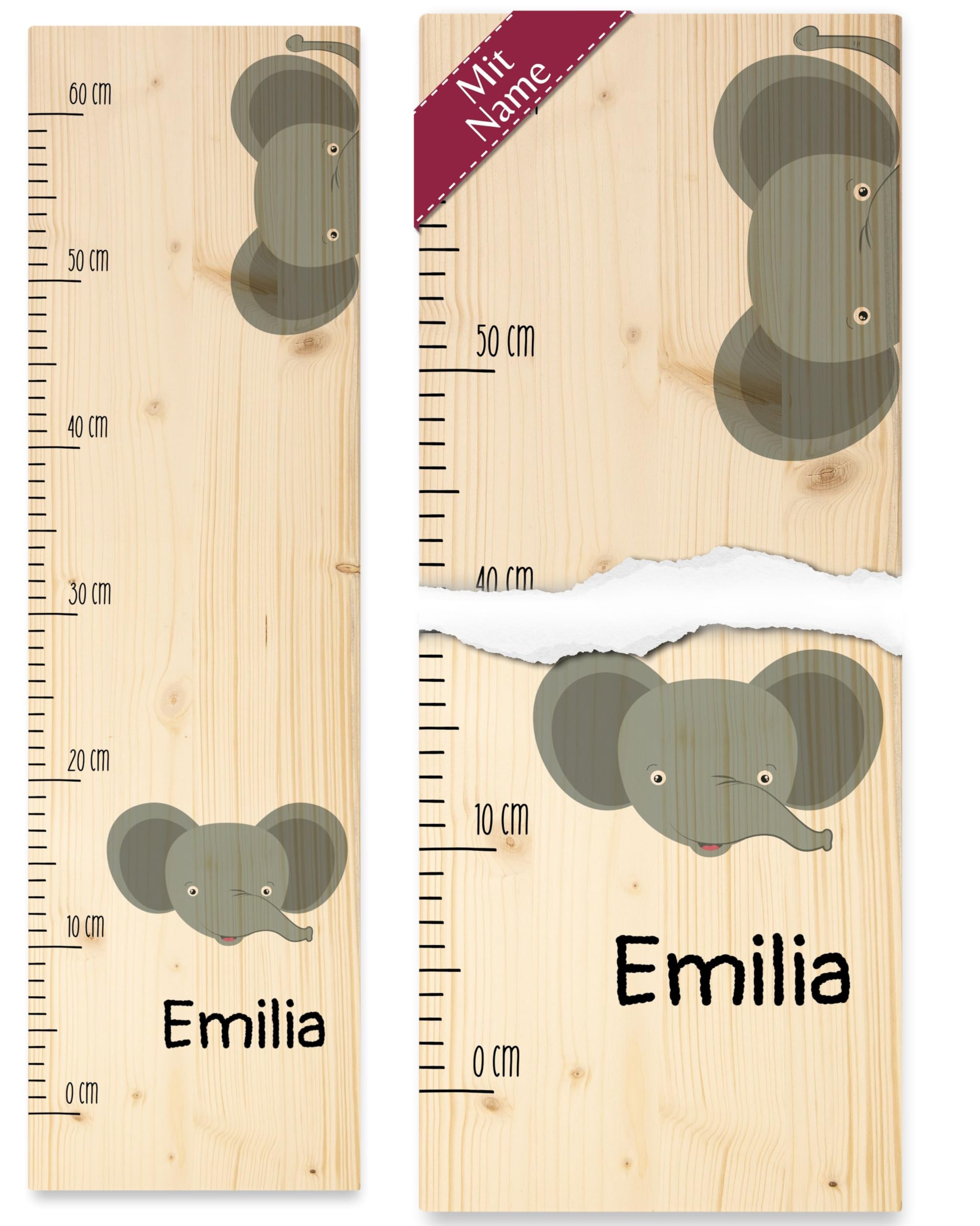 Messlatte Kinder - Süßer Elefant mit Name - 0-60 cm - Holz - elefanten baby kind