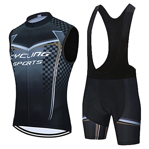 Radsportanzug Herren Sommer|Radtrikot Ärmellos Set Fahrradweste Anzug|Fahrradbekleidung Radweste Männer,Atmungsaktiv MTB Fahrradtrikot Sleeveless Oberteil und Radhose mit 19D Gel Sitzpolster(3,5XL)