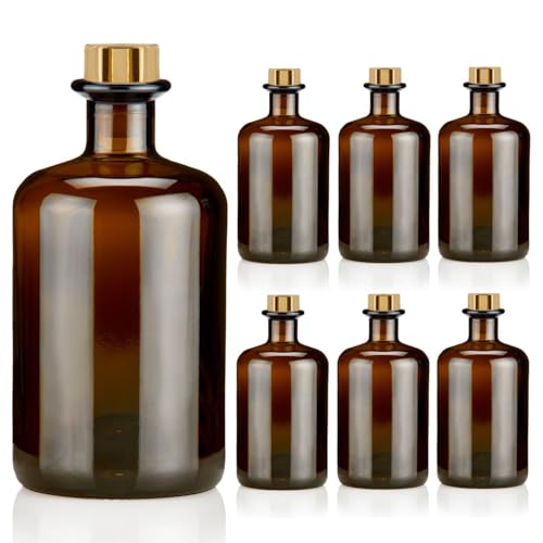 6x Apothekerflaschen 500ml braun elegante Braunglas Flaschen schwarz antik 0,5L leer PE Korken Gold Glasflaschen für Öl, Gin, Kräuter Schnaps od. als Geschenk