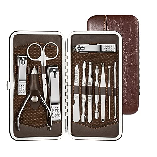 SCRUBY Maniküre-Set, Nagelknipser, Pediküre-Set, Edelstahl, professionelles Pflegeset, Nagelpflege-Werkzeuge mit Reiseetui (12 Stück, braun)