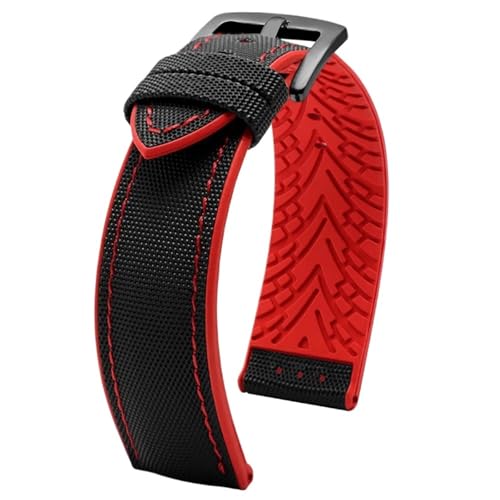 THBGTCNQ 20 mm 22 mm 24 mm Uhrenarmband aus Nylon mit Silikonunterseite for Herren, weiches, wasserdichtes Gummiarmband, Zubehör for herkömmliche Uhren und Smartwatches(Black red02,20mm)