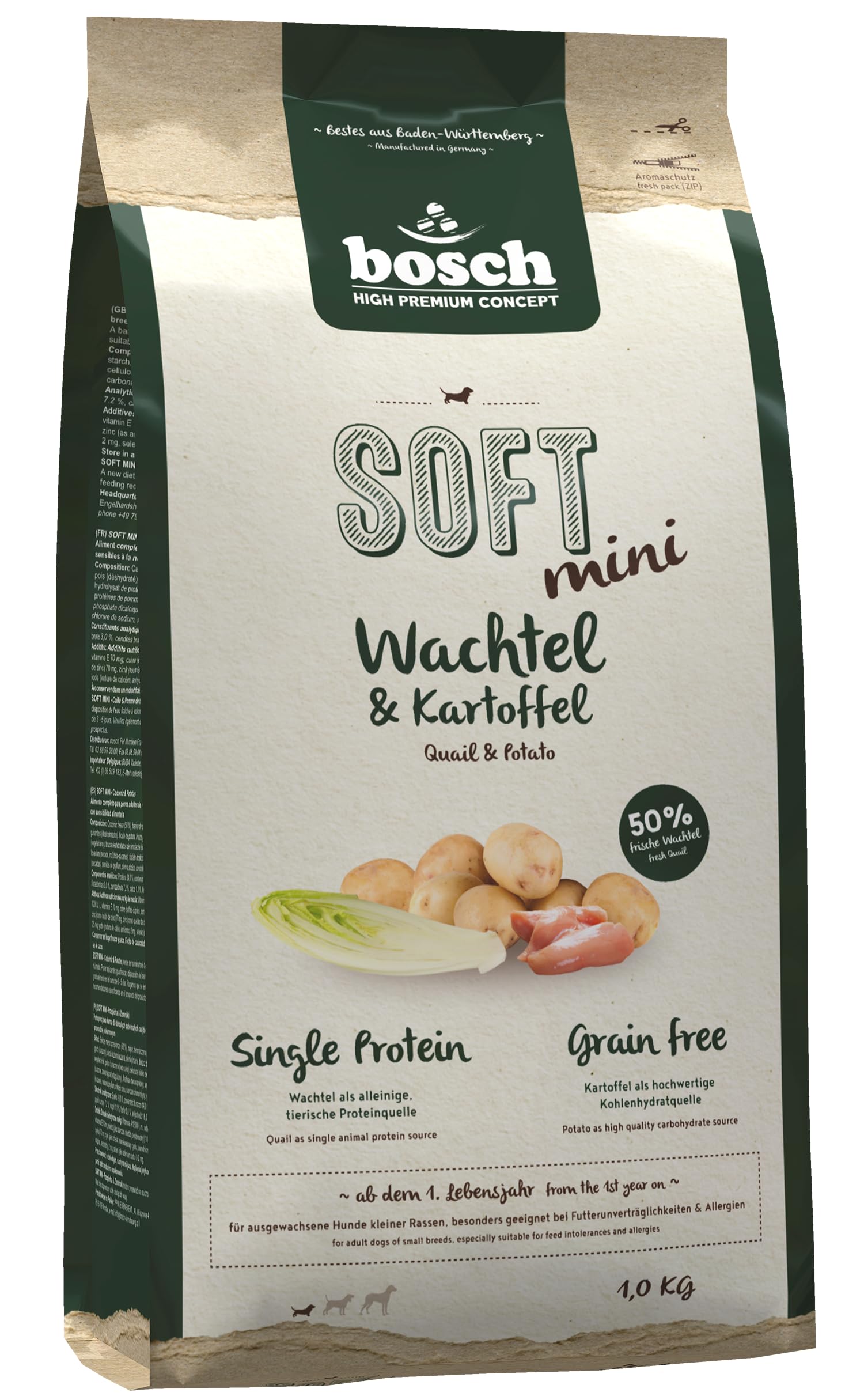 bosch HPC SOFT Mini Wachtel & Kartoffel | halbfeuchtes Hundefutter für ausgewachsene Hunde kleiner Rassen | Single Protein | grain-free | 1 x 2.5 kg