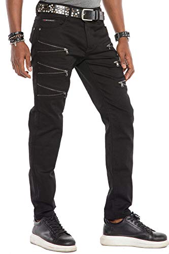 Cipo & Baxx Herren ausgefallene Denim Straight Fit Designer Jeans Hose mit Reißverschluss Schwarz W31 L34