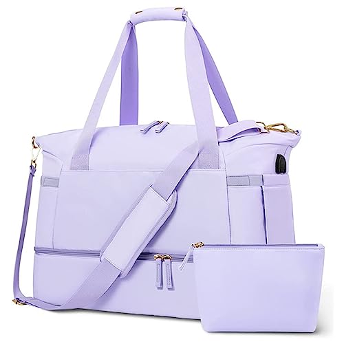 ohodhmnu Damen Tragetasche, Turnbeutel mit Nassfach Schuhfach Reise DuffelBag für Flugzeug Sport Gym Schwimmen Yoga Wasserdichte Tasche, hellviolett, with scarf